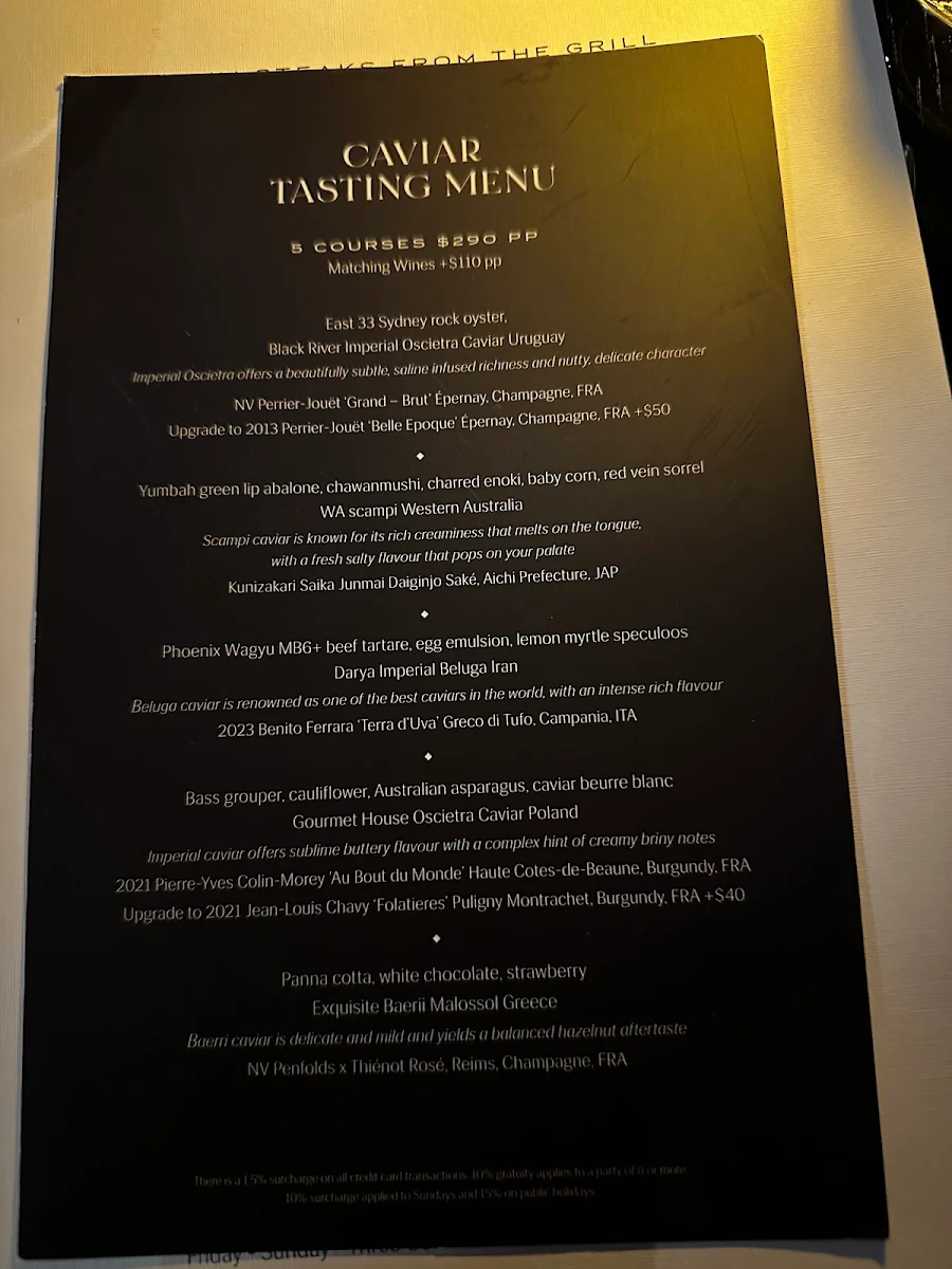 Menu, Infinity at Sydney Tower