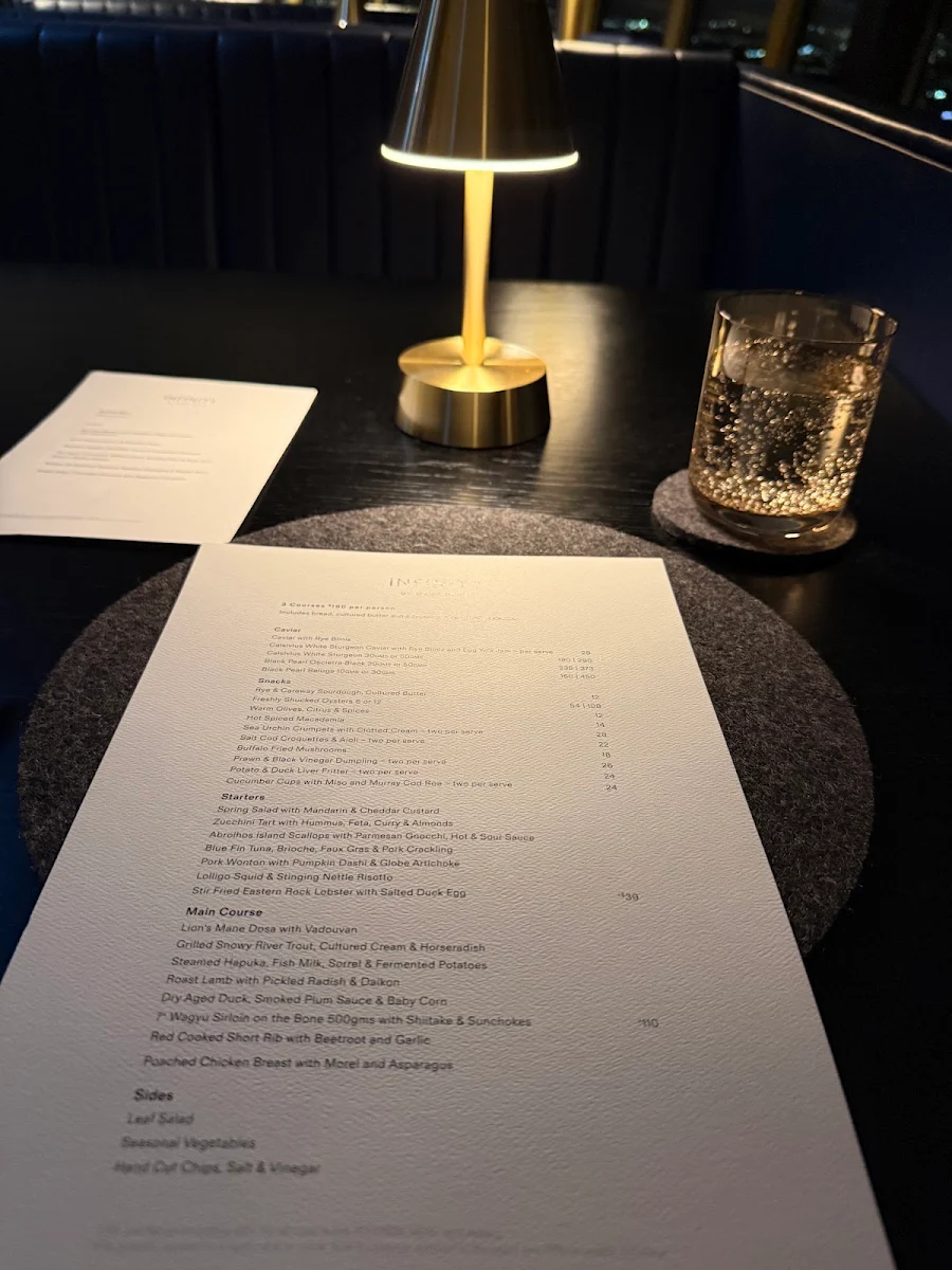 Menu, Infinity at Sydney Tower