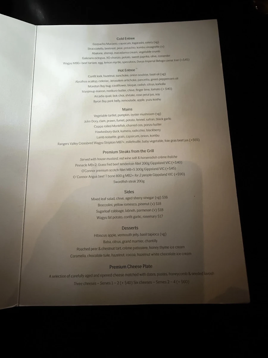 Menu, Infinity at Sydney Tower