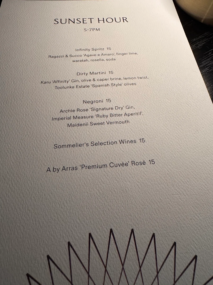 Menu, Infinity at Sydney Tower