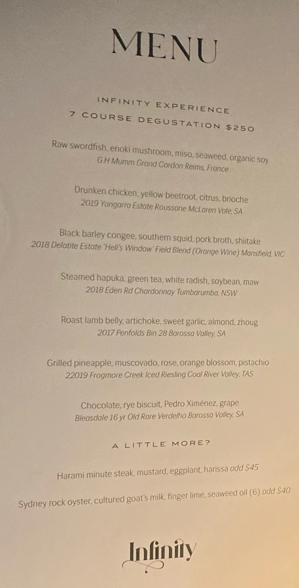 Menu, Infinity at Sydney Tower