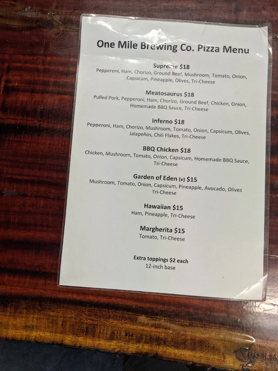 Menu, One Mile Brewery (NT)