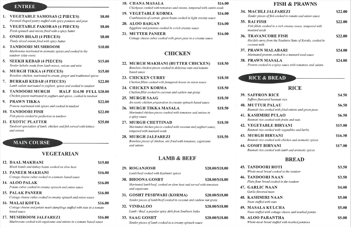 Menu, Sanjeev' Cafe Spice