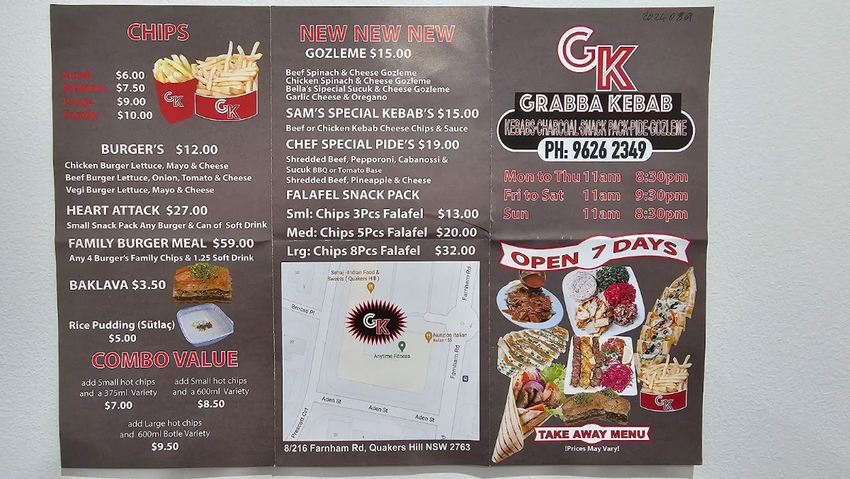 Menu, Grabba Kebab, Quakers Hill