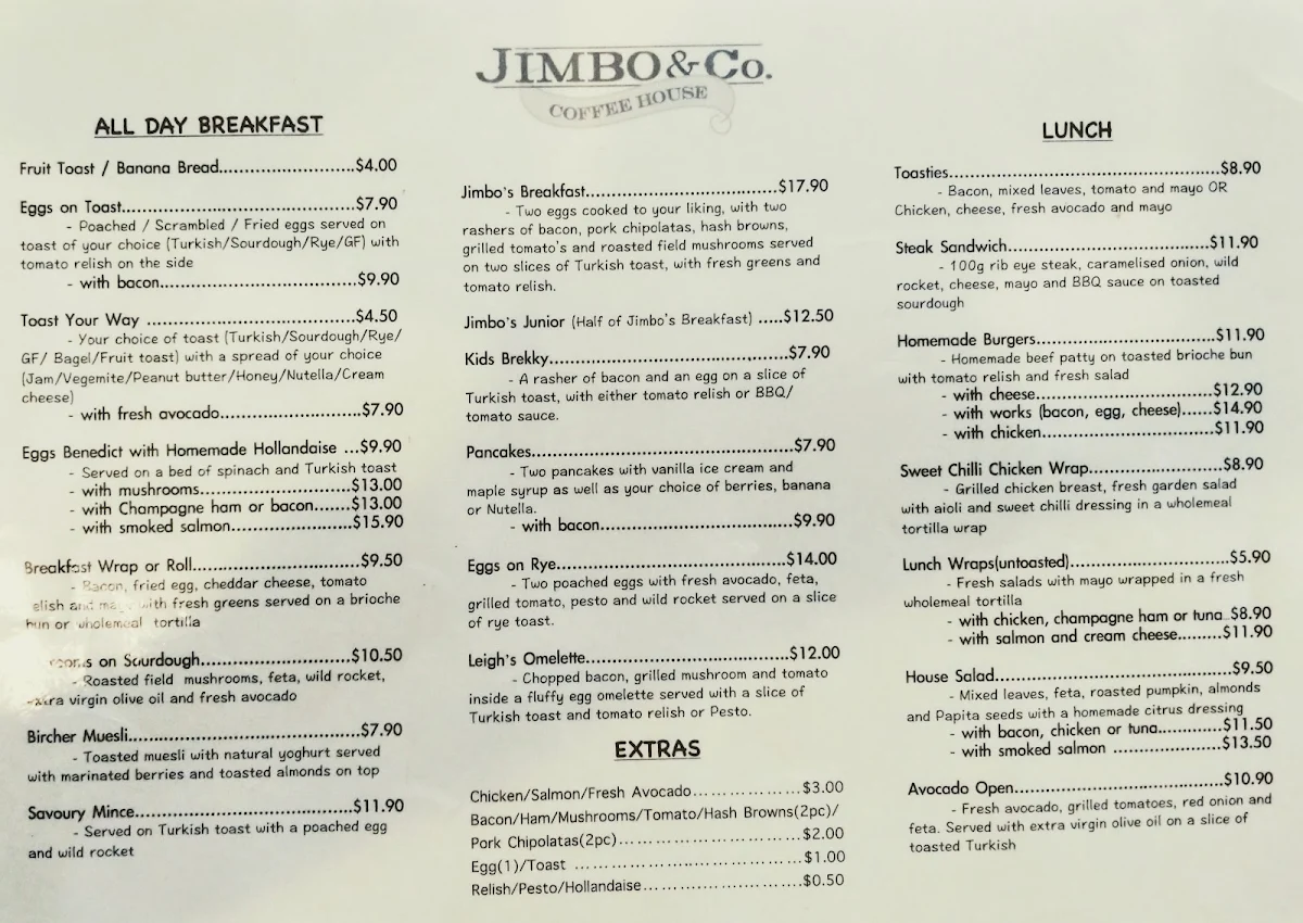 Menu, Jimbo's & Co