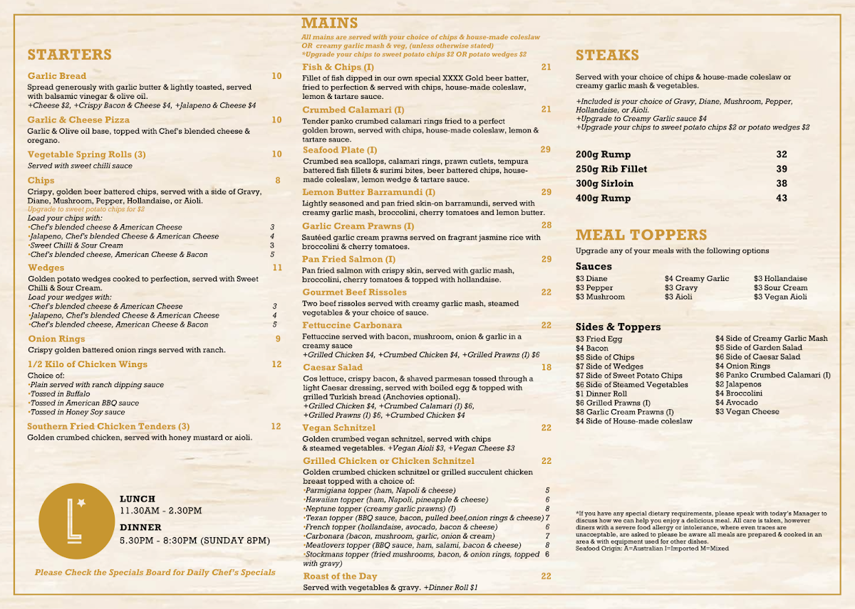Menu, Lucky Star Tavern Sunnybank
