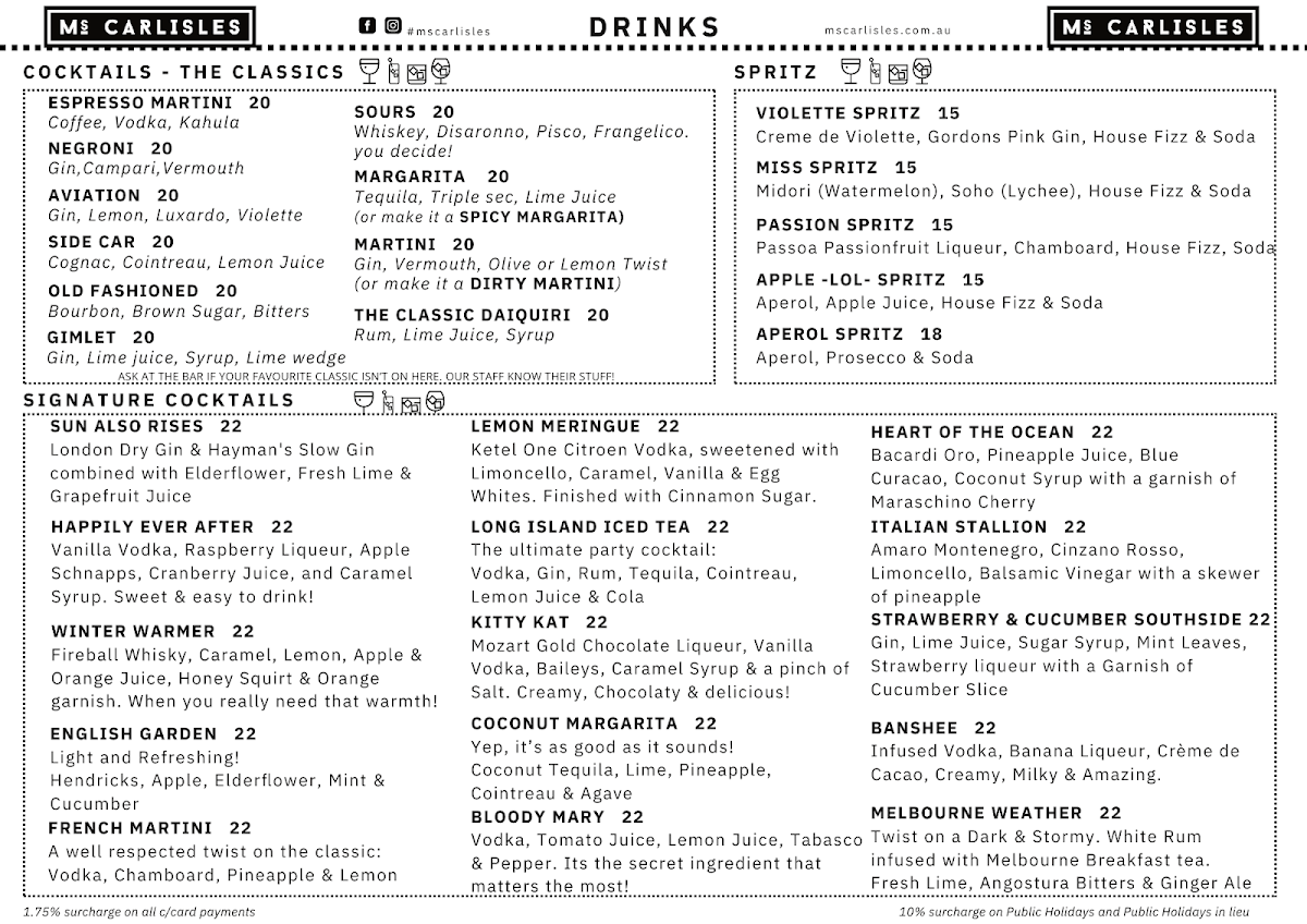 Menu, Ms. Carlisles - Bar & Restaurant