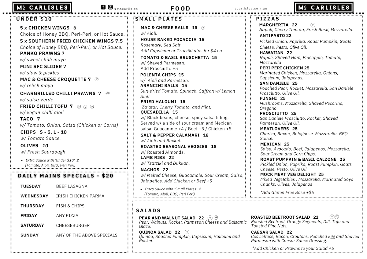 Menu, Ms. Carlisles - Bar & Restaurant