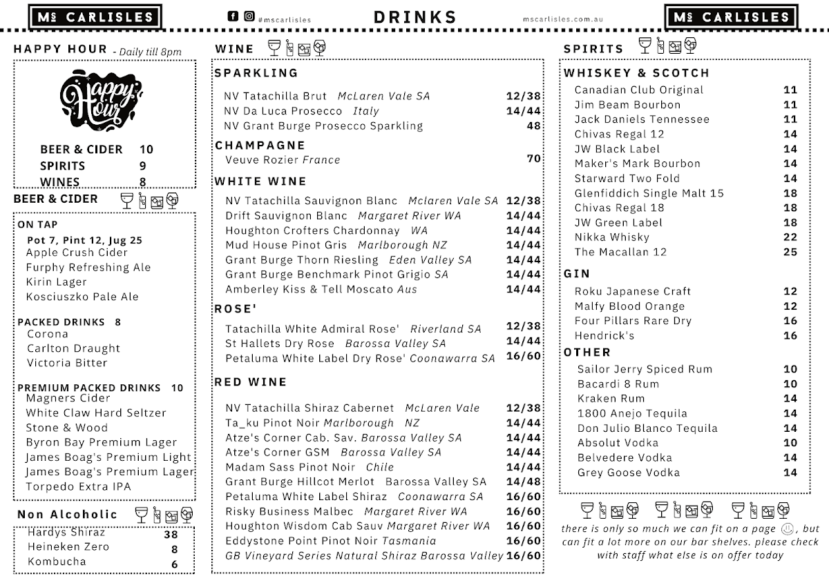 Menu, Ms. Carlisles - Bar & Restaurant