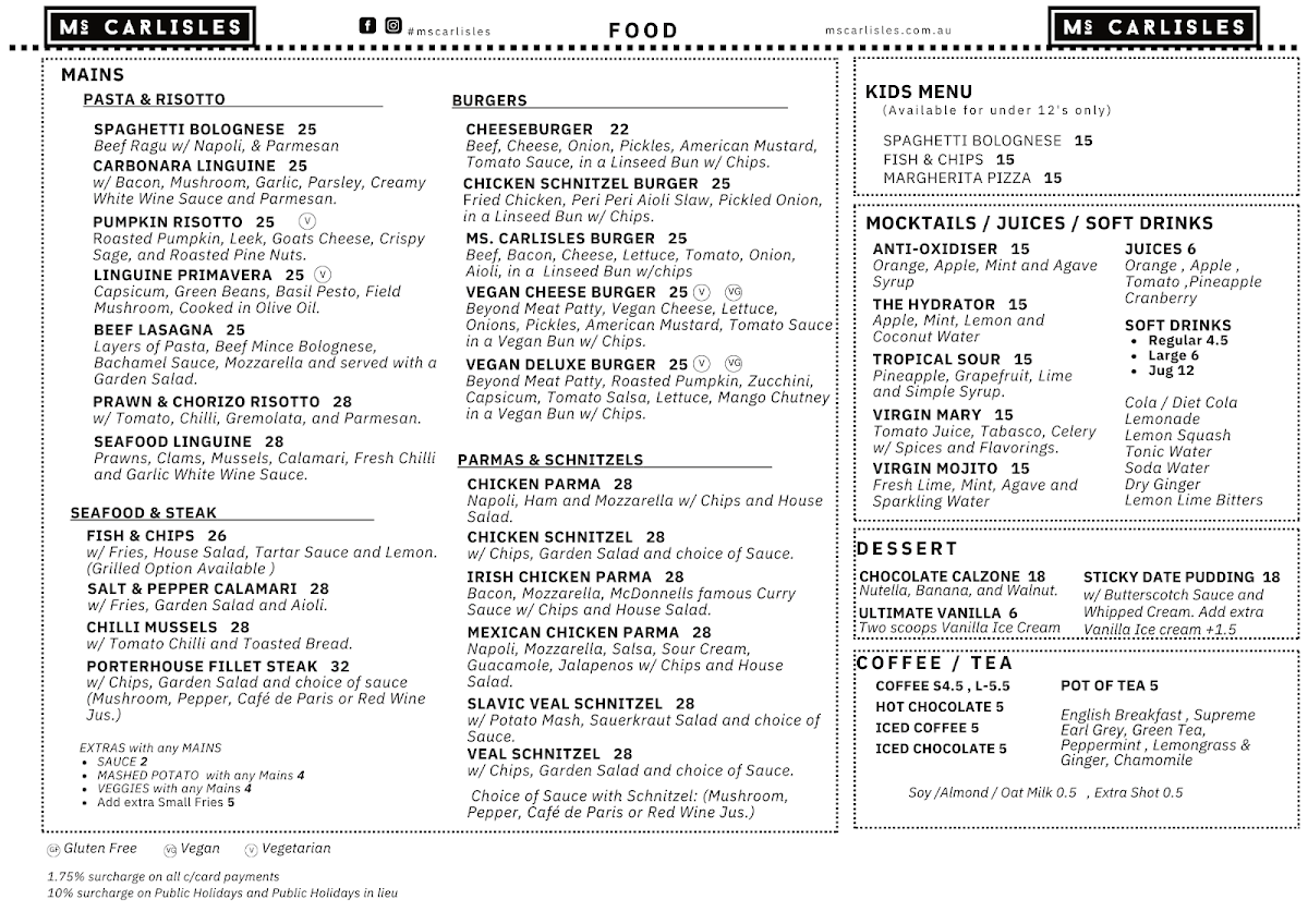 Menu, Ms. Carlisles - Bar & Restaurant