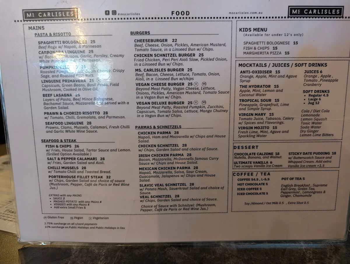 Menu, Ms. Carlisles - Bar & Restaurant