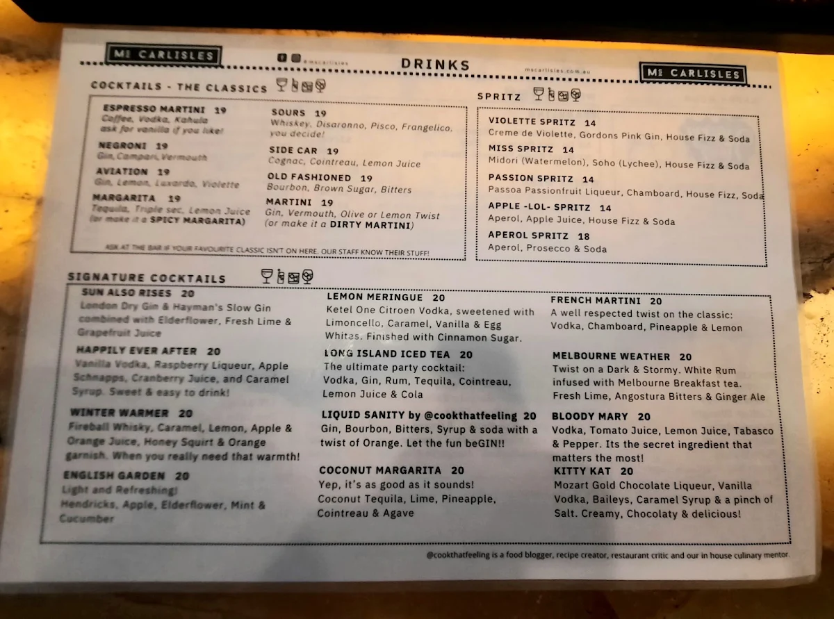 Menu, Ms. Carlisles - Bar & Restaurant