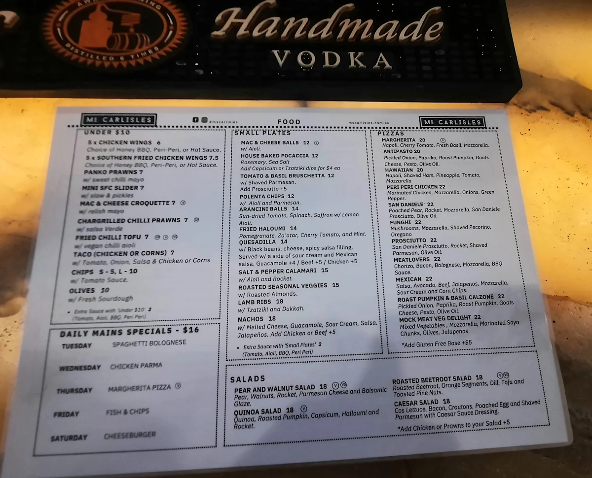 Menu, Ms. Carlisles - Bar & Restaurant