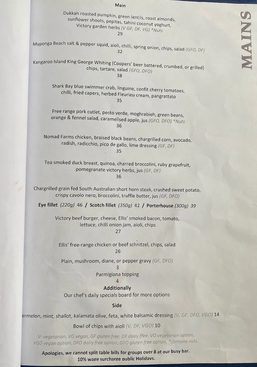Menu, Victory Hotel