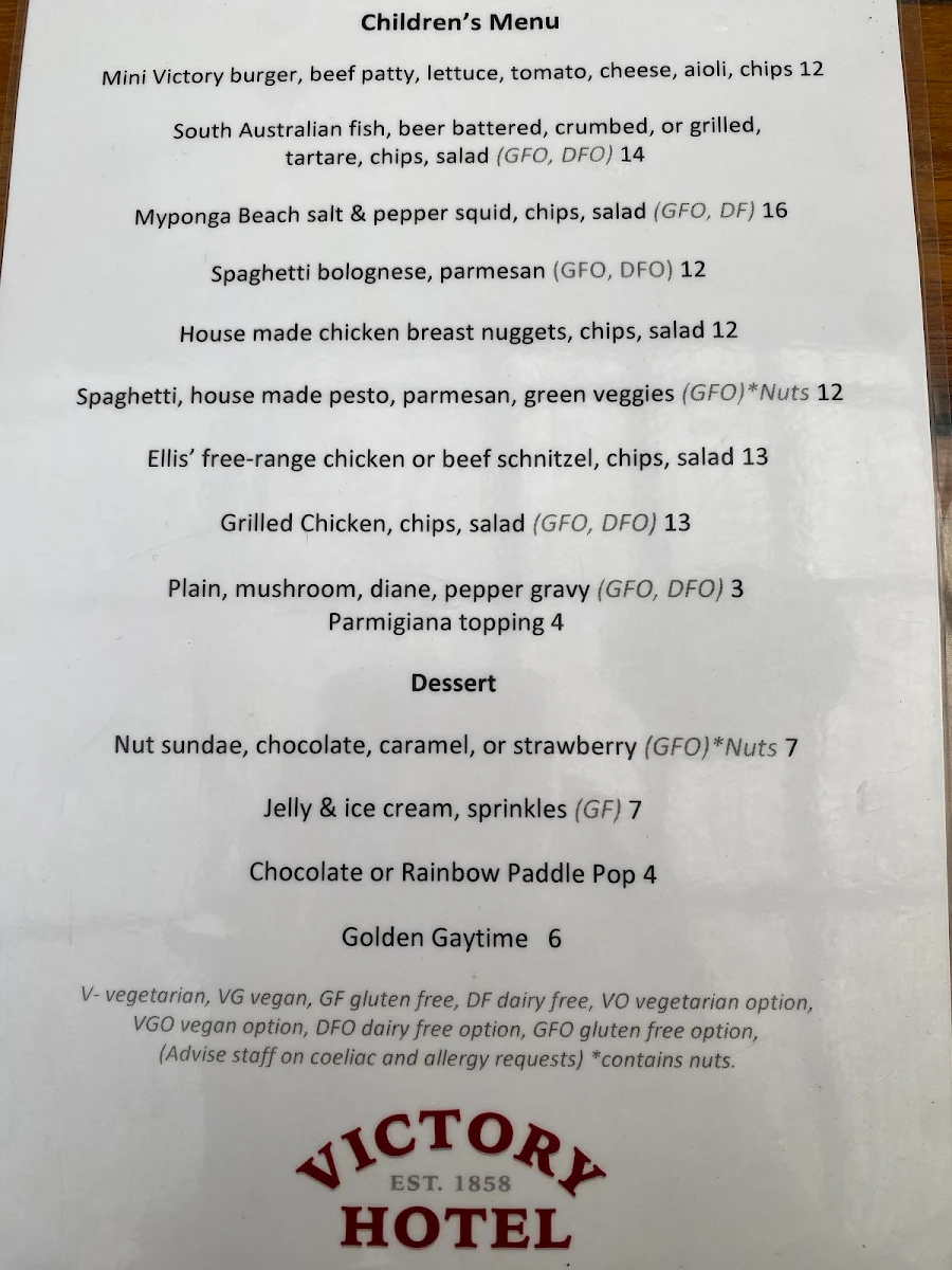 Menu, Victory Hotel