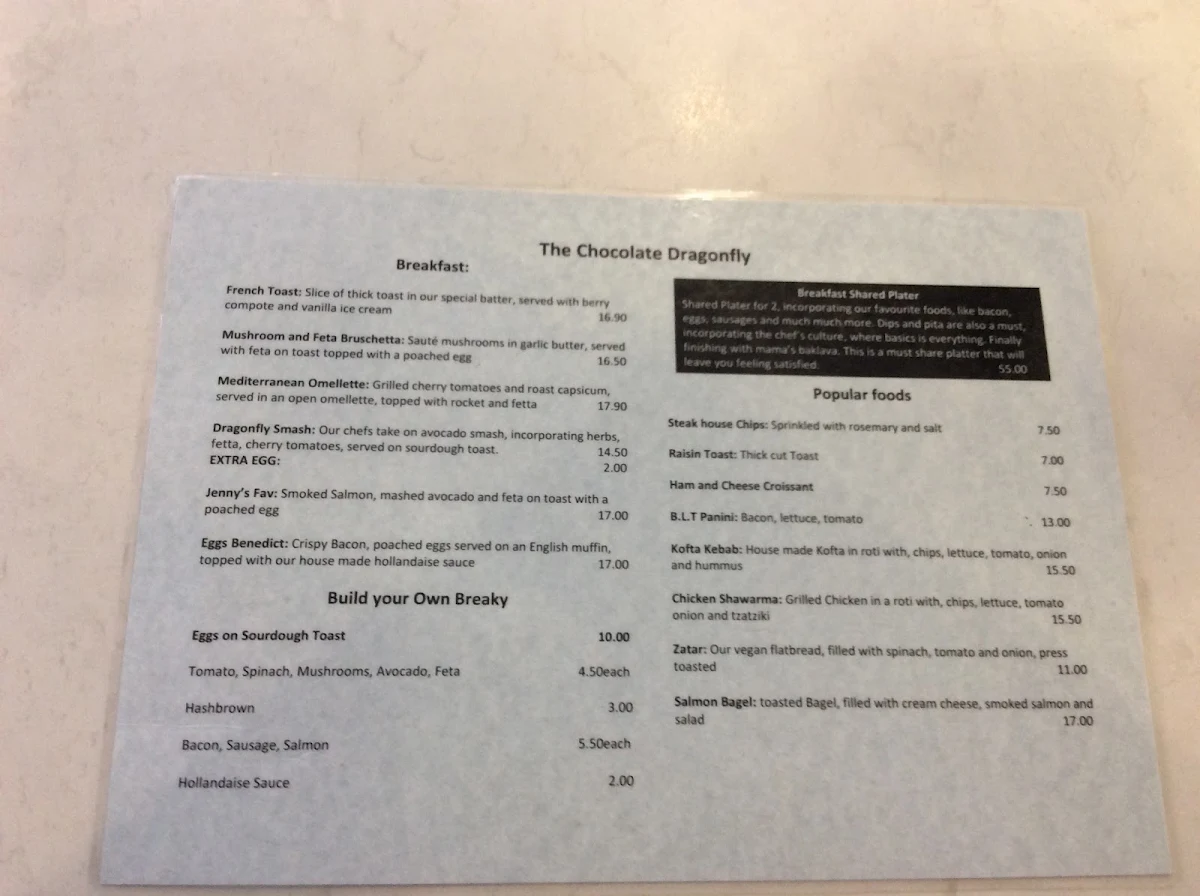 Menu, The Chocolate Dragonfly Cafe
