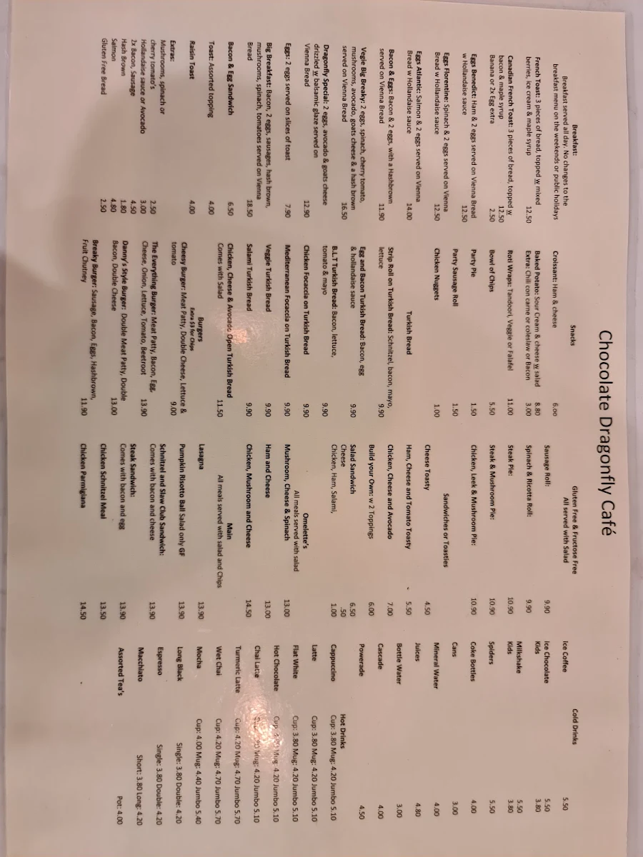 Menu, The Chocolate Dragonfly Cafe