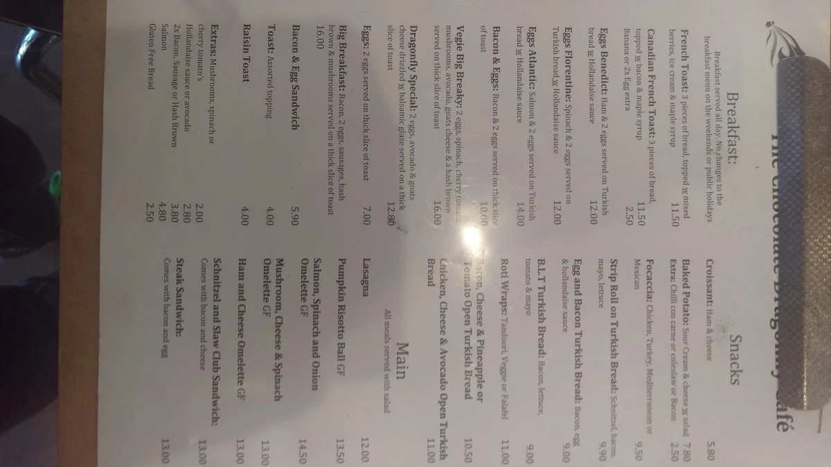 Menu, The Chocolate Dragonfly Cafe