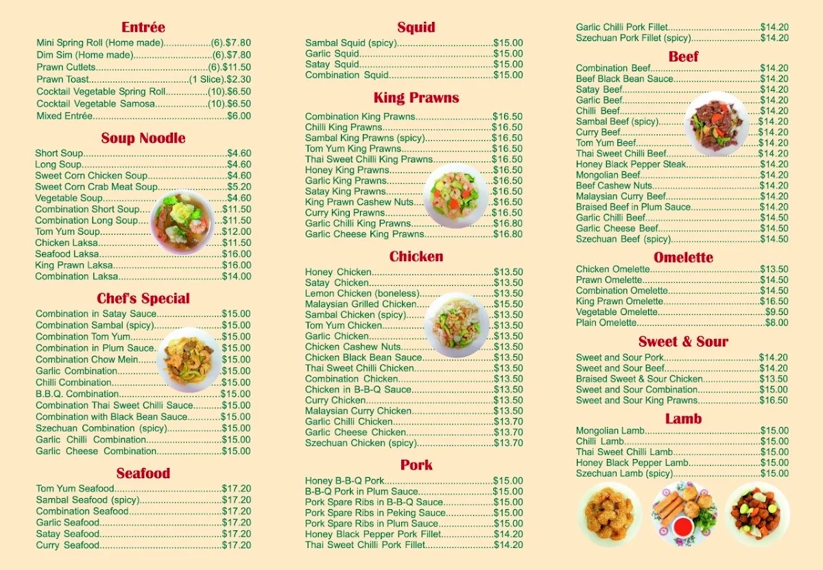 Menu, Hoona Noodle Takeaway