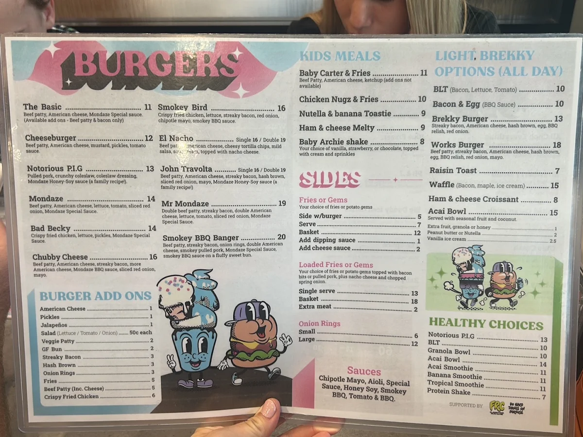 Menu, Mondaze Burgers & Shakes