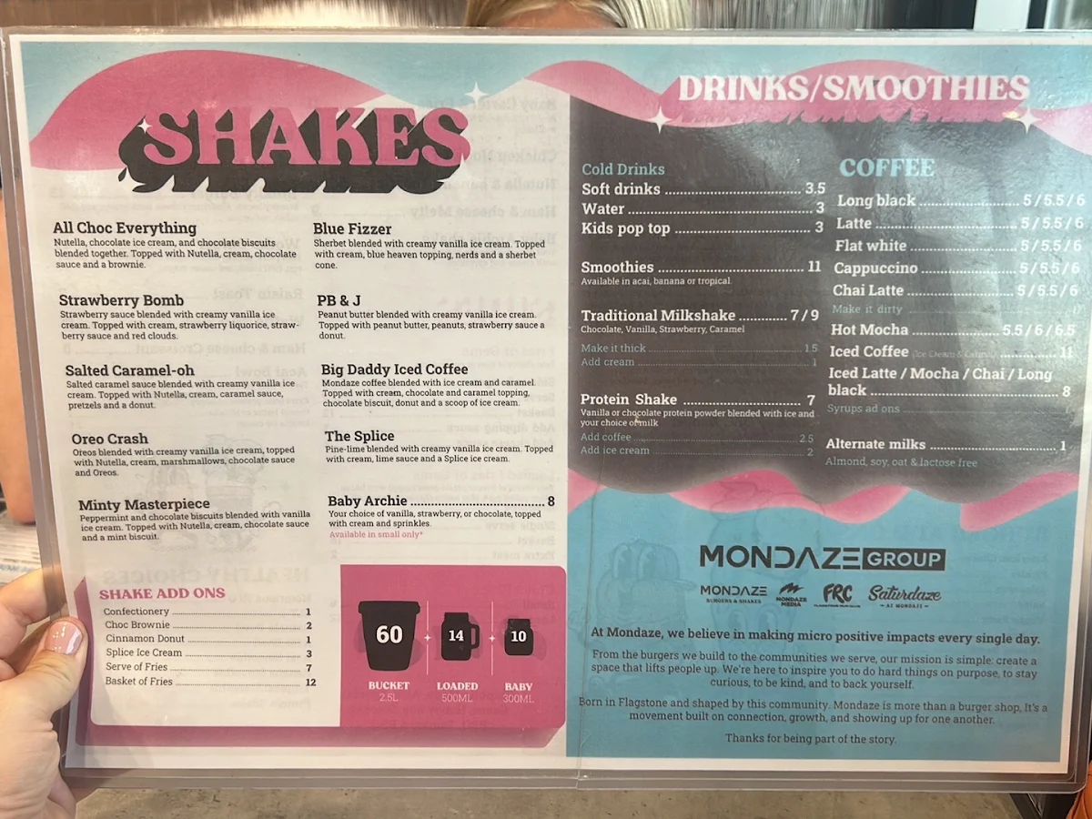 Menu, Mondaze Burgers & Shakes