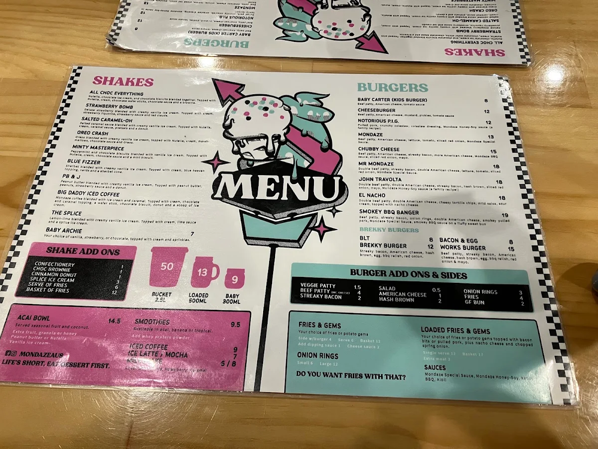 Menu, Mondaze Burgers & Shakes