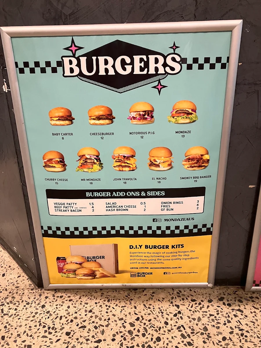 Menu, Mondaze Burgers & Shakes
