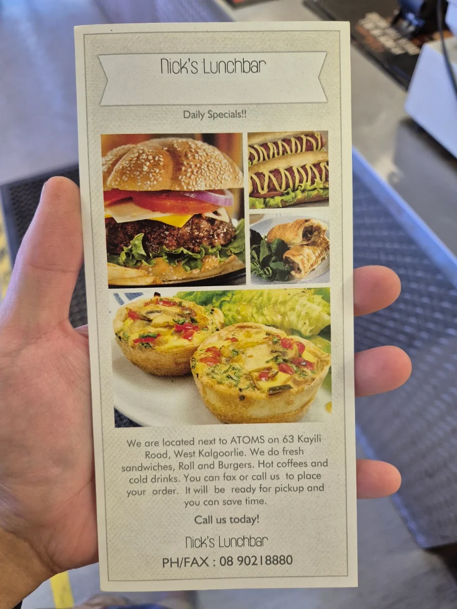 Menu, Nick's Lunchbar