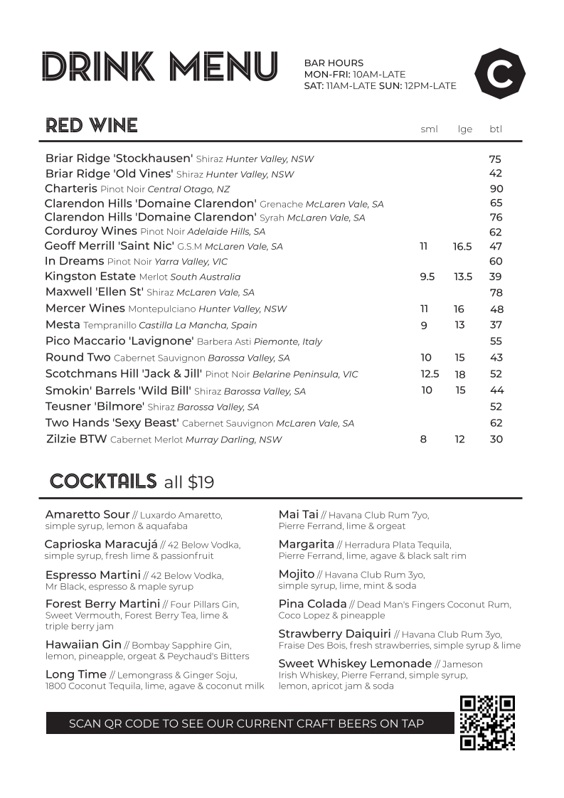 Menu, Clarendon Hotel
