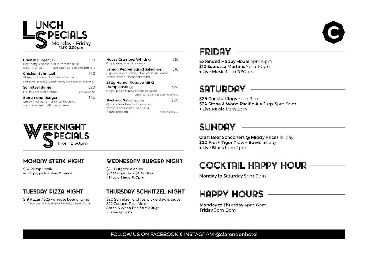 Menu, Clarendon Hotel
