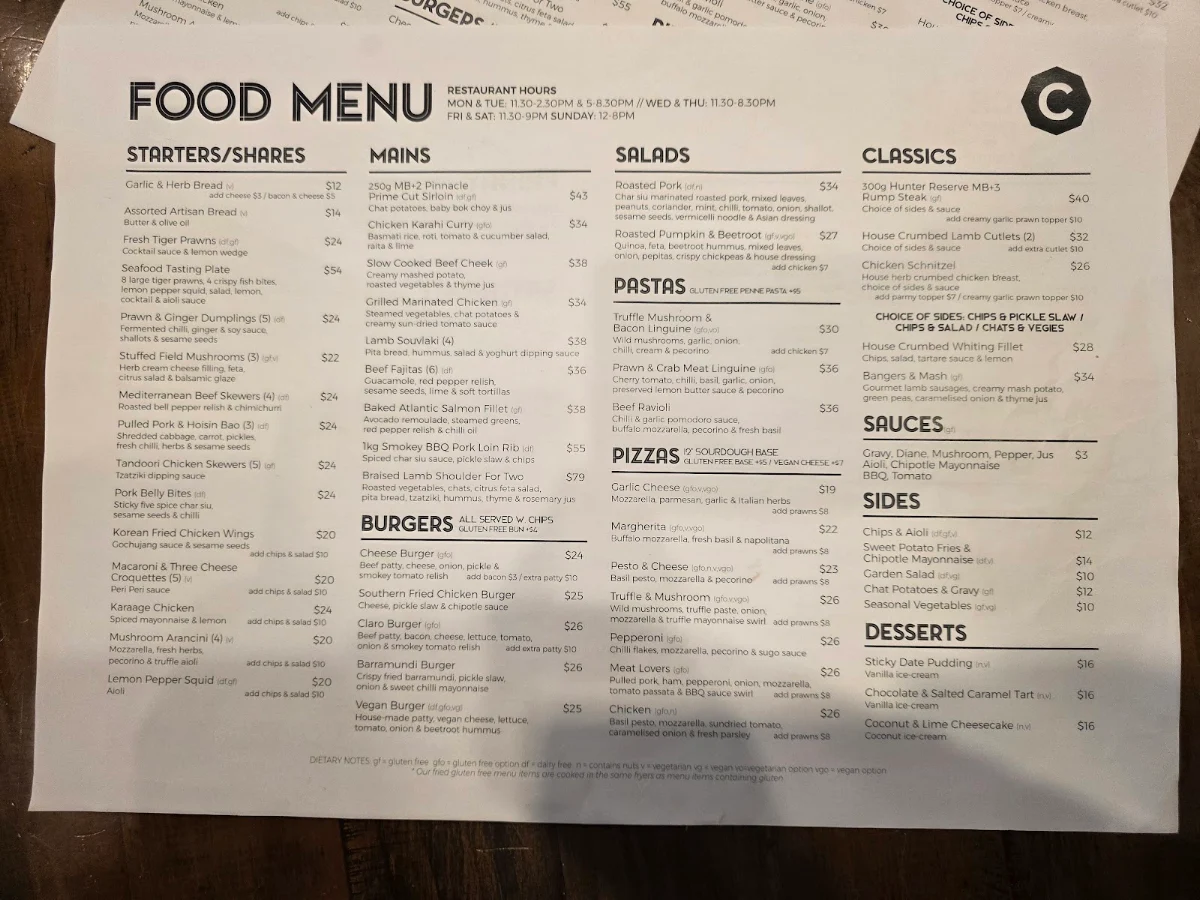 Menu, Clarendon Hotel