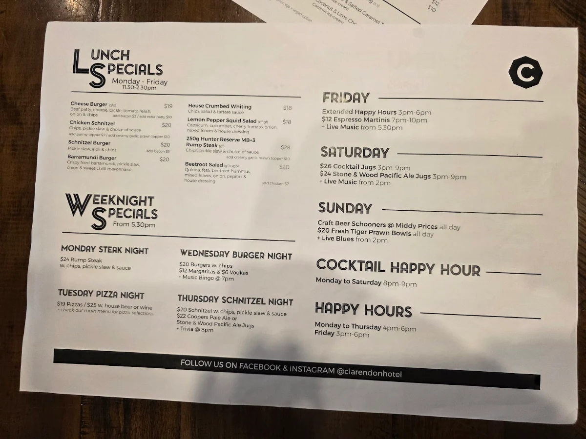 Menu, Clarendon Hotel