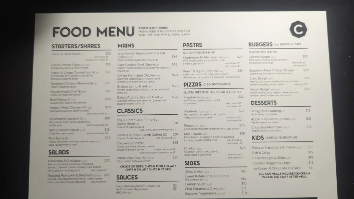 Menu, Clarendon Hotel