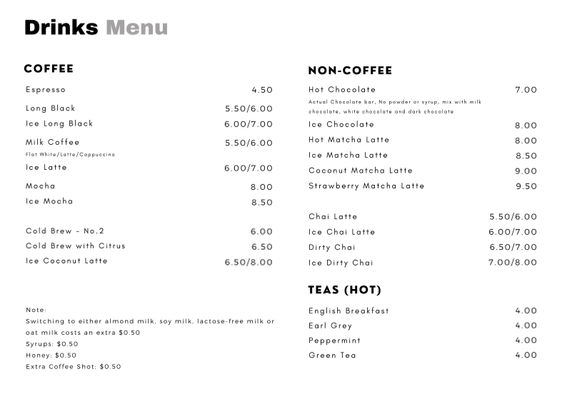 Menu, Brew Express