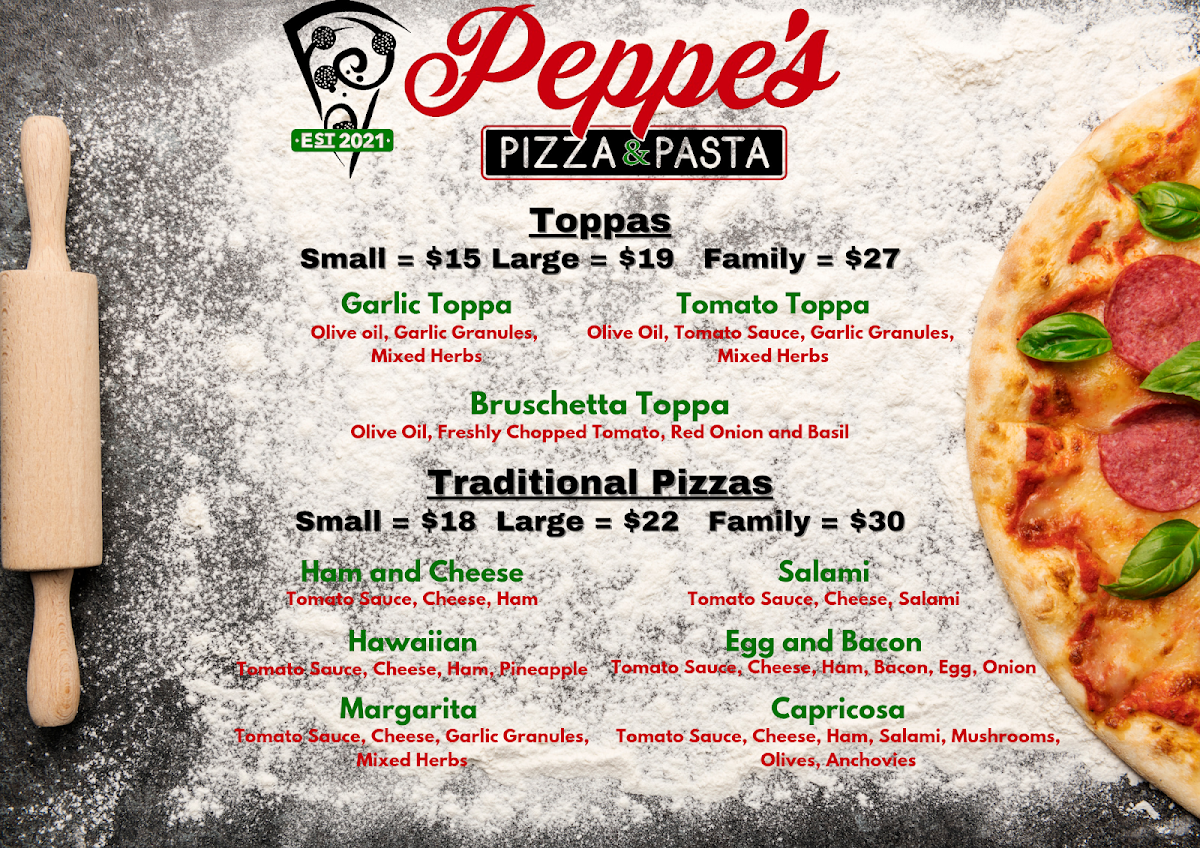 Menu, Peppe's Pizza and Pasta