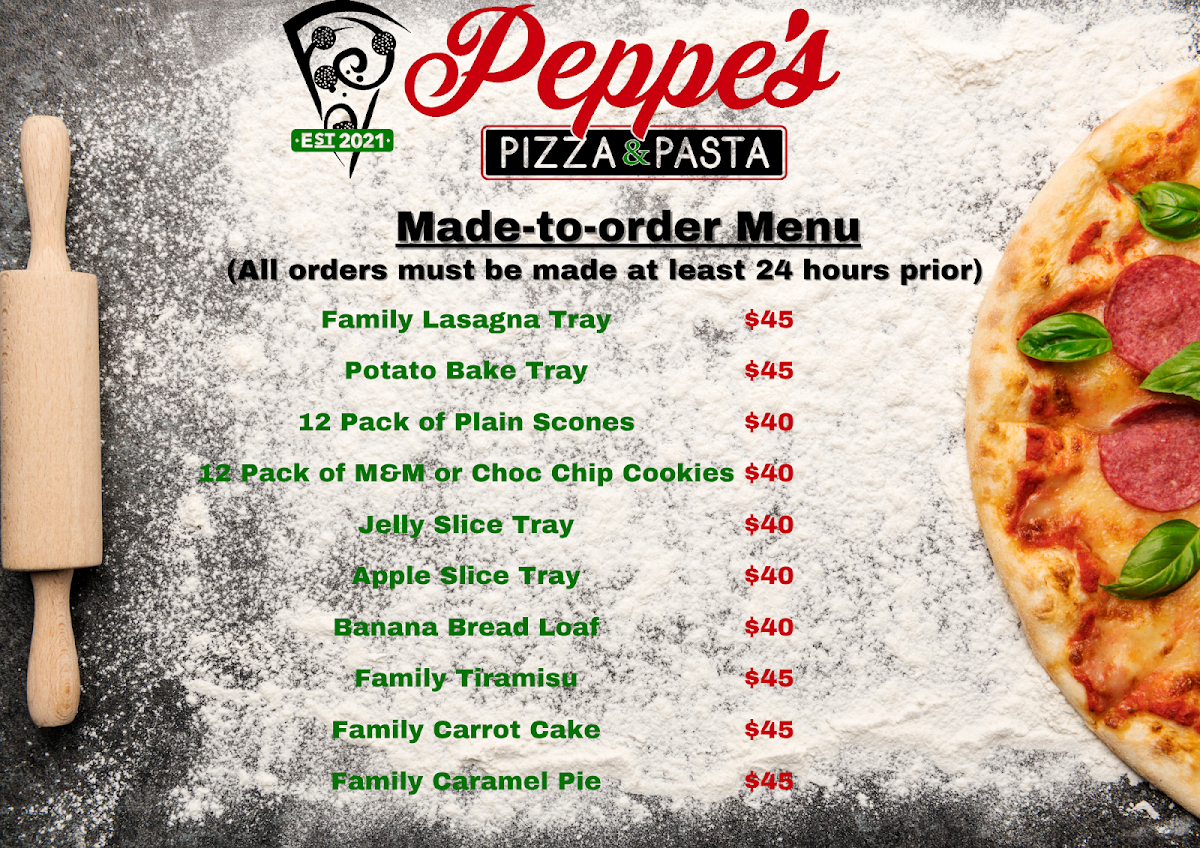 Menu, Peppe's Pizza and Pasta