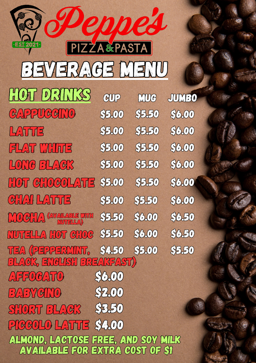 Menu, Peppe's Pizza and Pasta