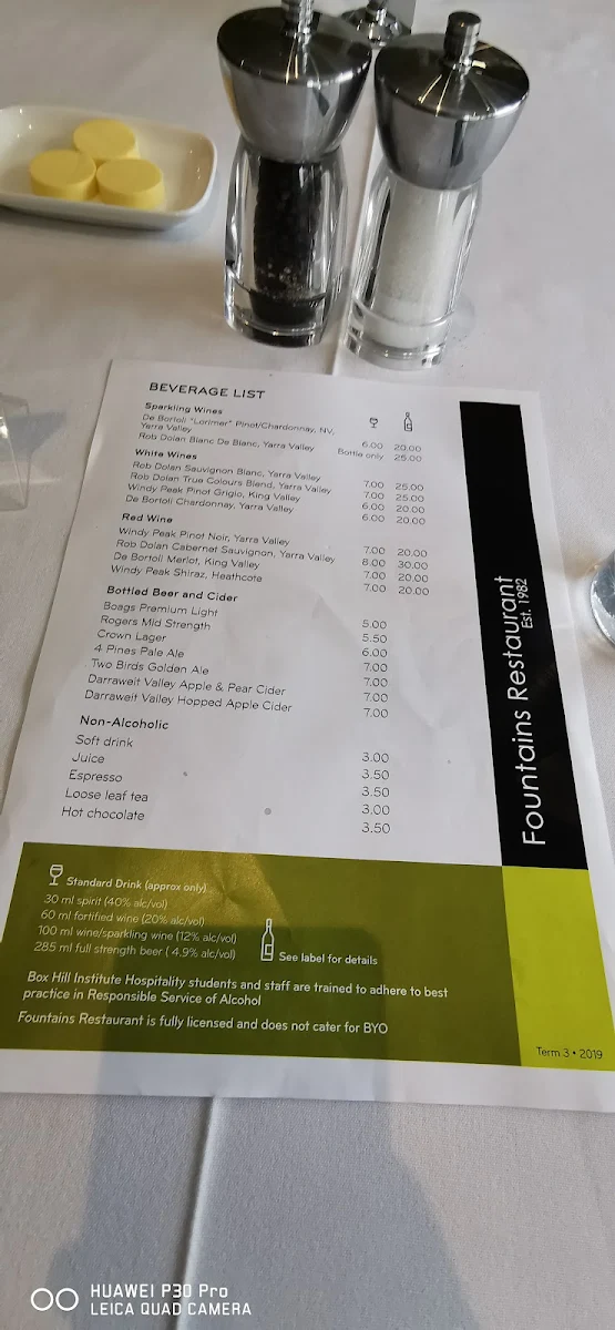 Menu, Fountains Licensed Restaurant