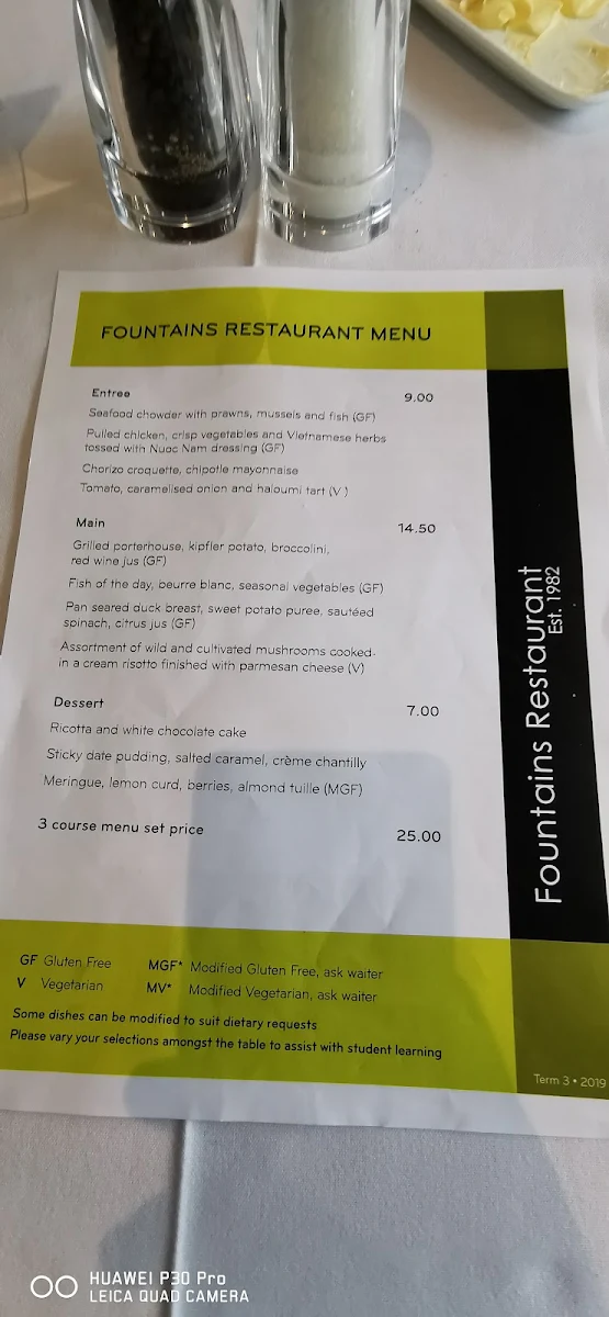 Menu, Fountains Licensed Restaurant
