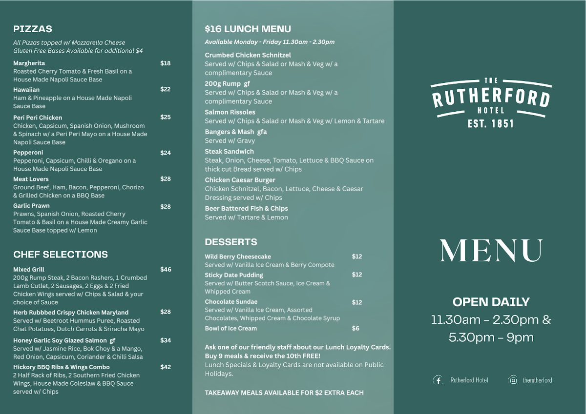 Menu, The Rutherford Hotel