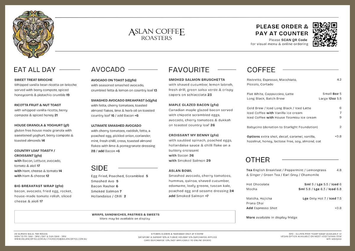 Menu, ASLAN Coffee The Rocks