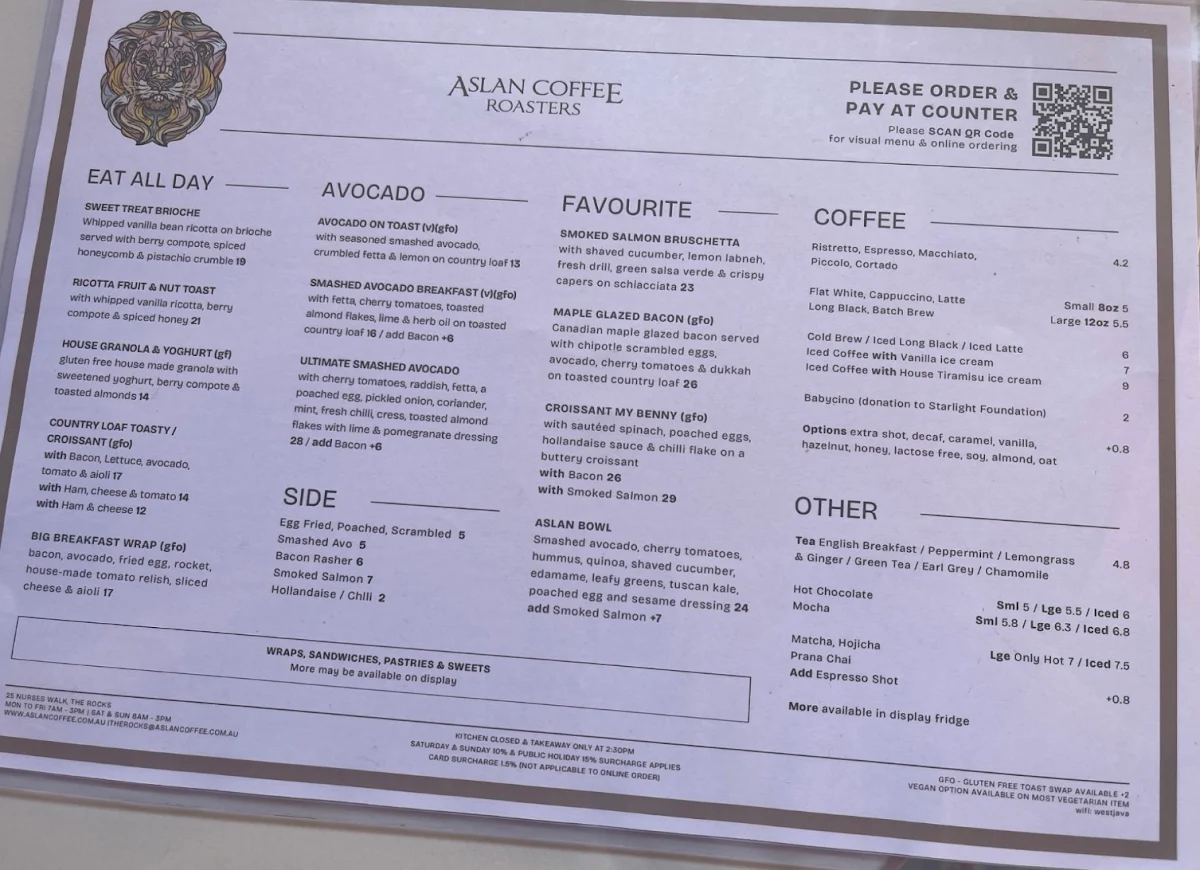 Menu, ASLAN Coffee The Rocks