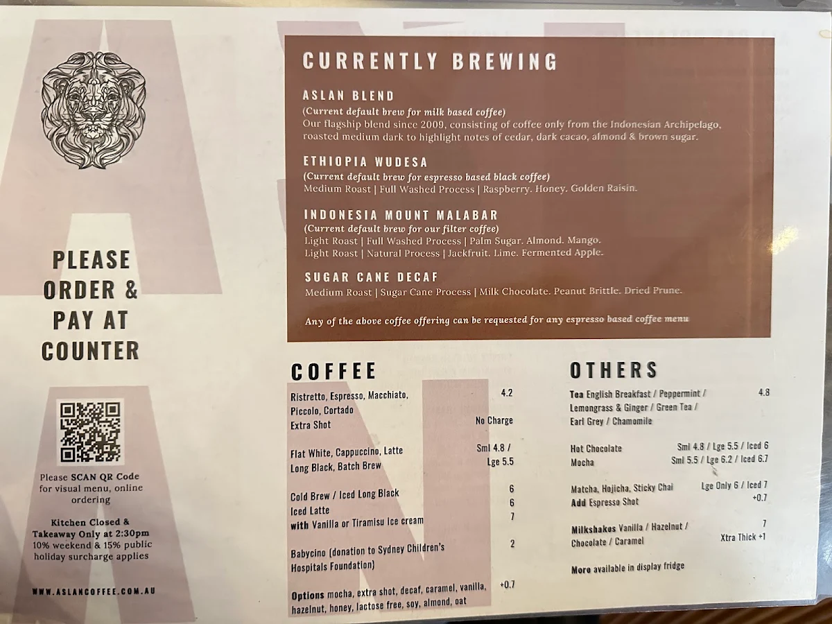 Menu, ASLAN Coffee The Rocks