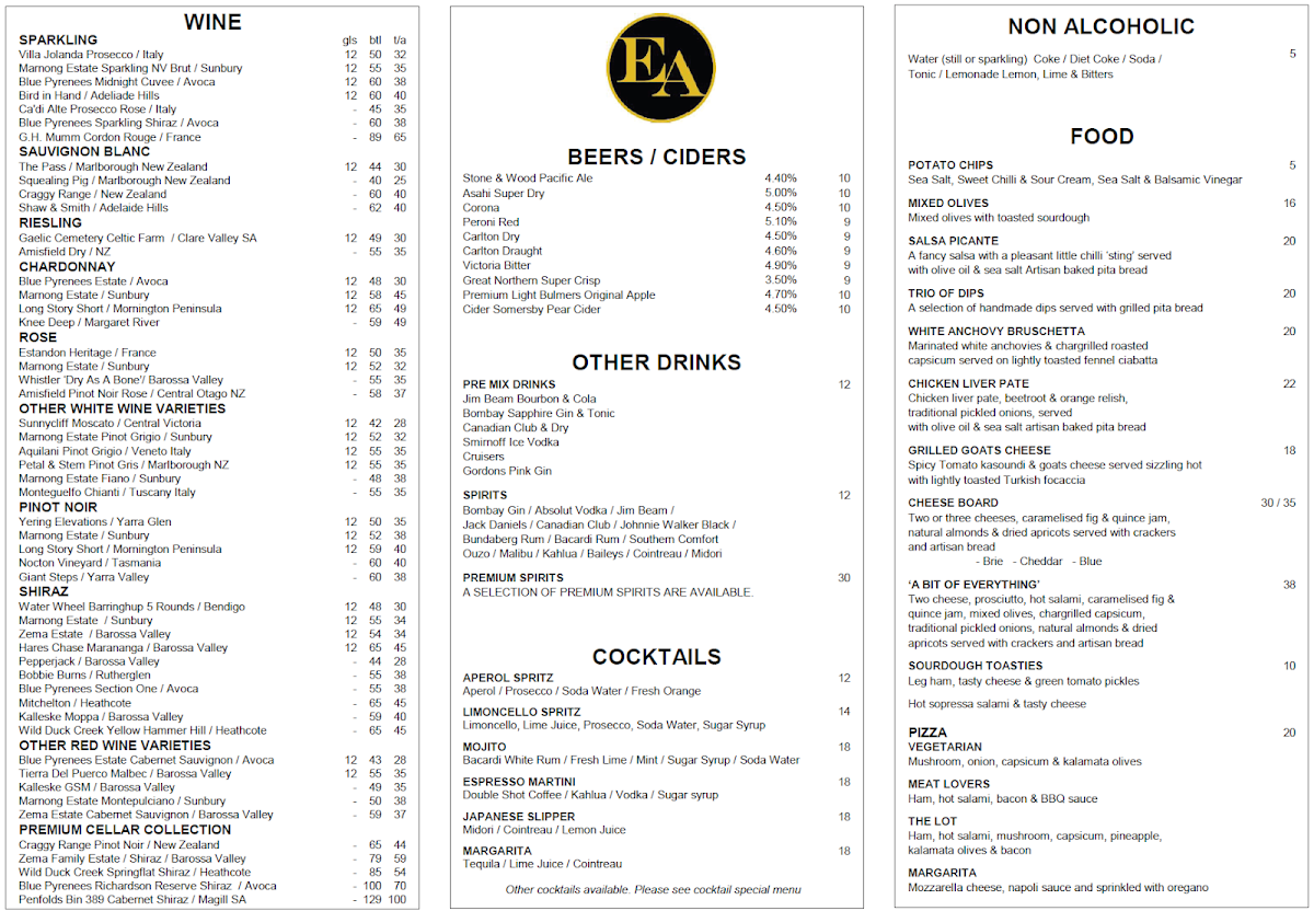 Menu, Edward Abbott Wine Bar