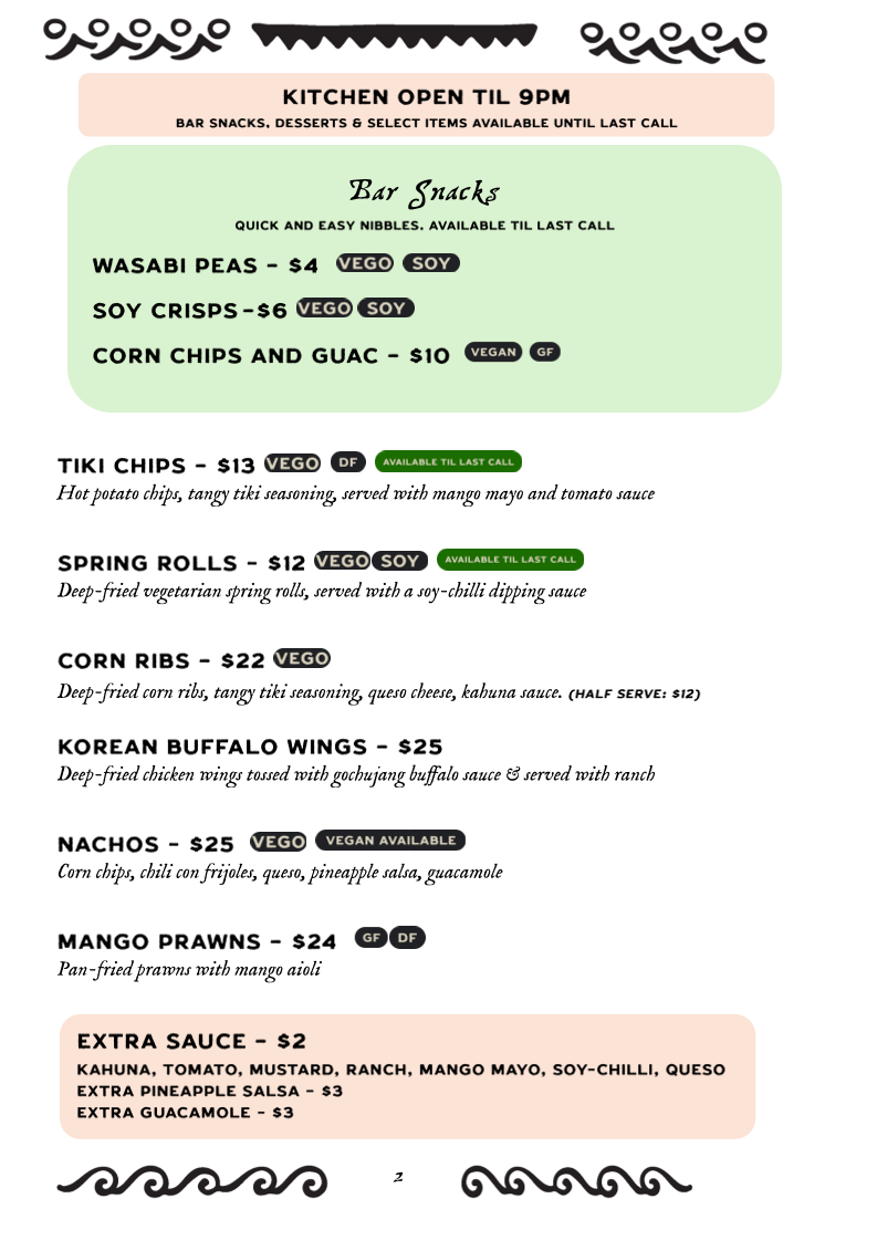 Menu, Scoundrel's Rest