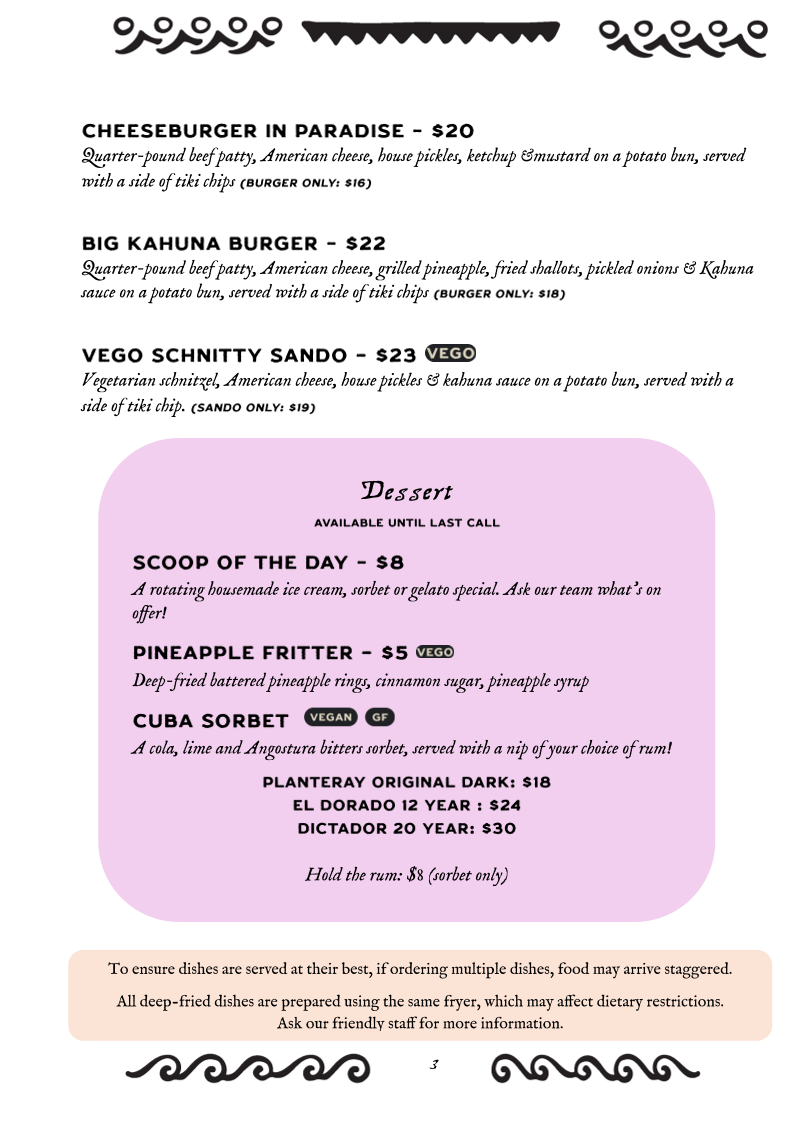 Menu, Scoundrel's Rest