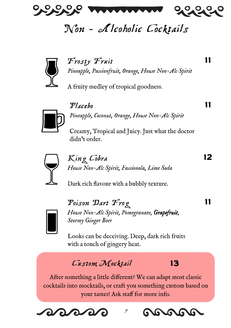 Menu, Scoundrel's Rest