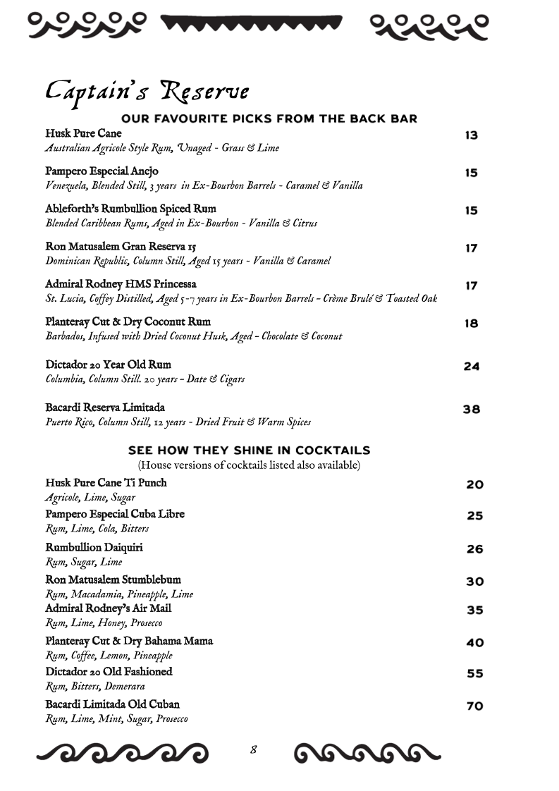 Menu, Scoundrel's Rest