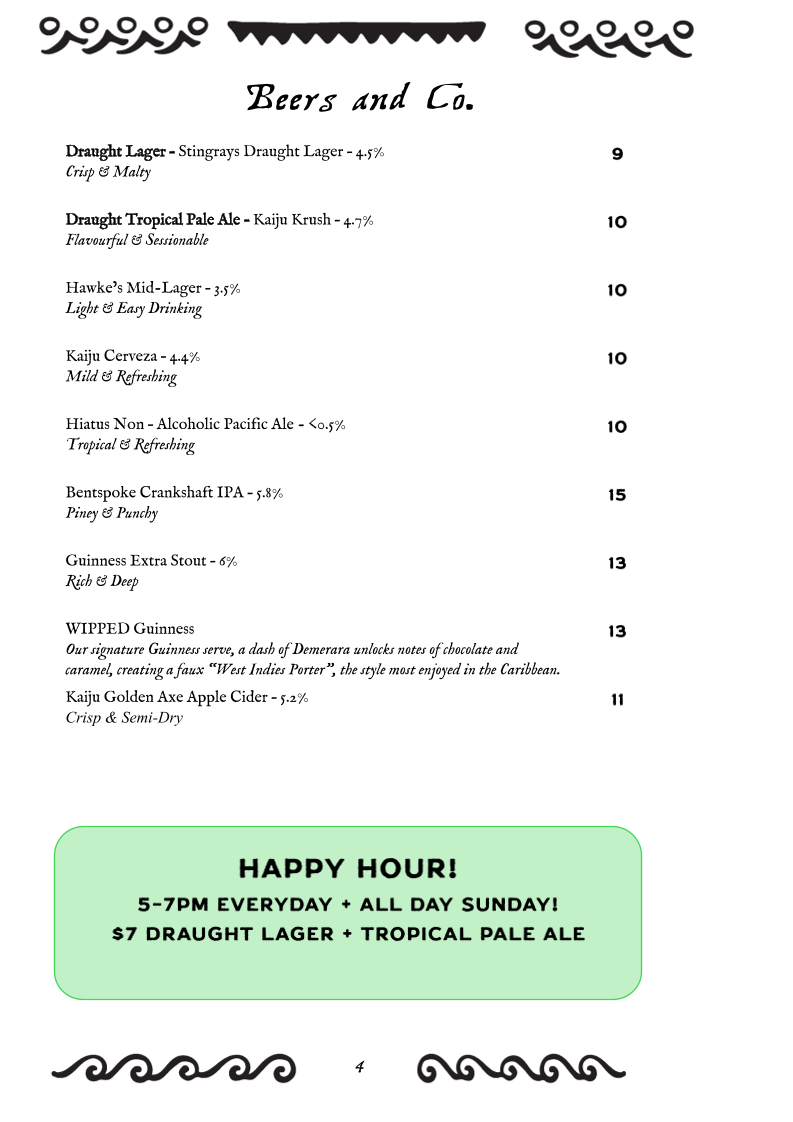 Menu, Scoundrel's Rest