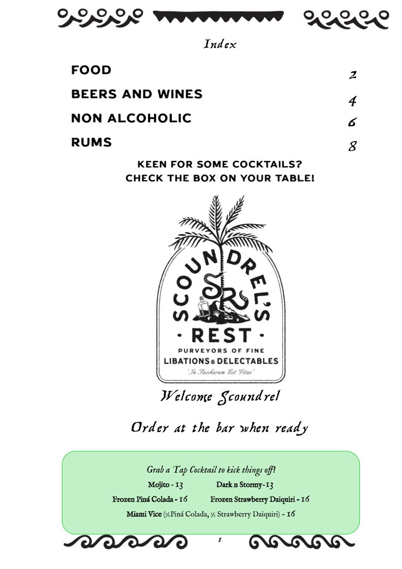 Menu, Scoundrel's Rest